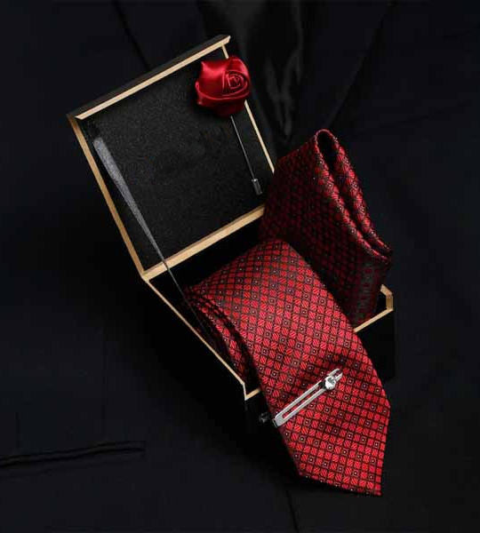 Men Red & Black Tie Cufflinks Pocket Square Accessory Gift Set