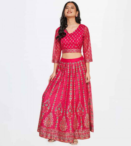 Women Floral Printed Blouse with Lehenga