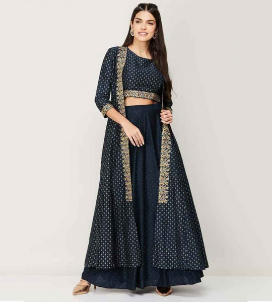 Women Printed Blouse with Lehenga and Long Jacket