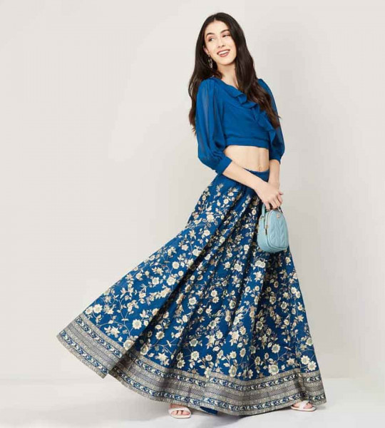 Women Ruffled Blouse with Floral Printed Lehenga