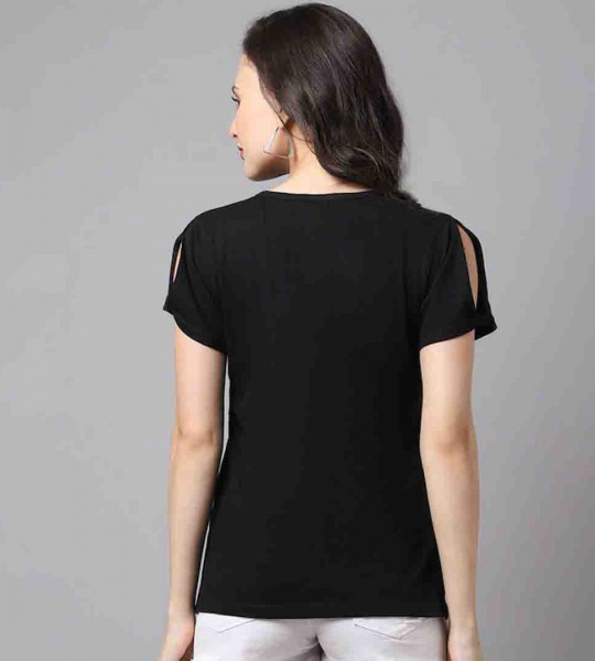 Women Black Cotton Printed T-shirt