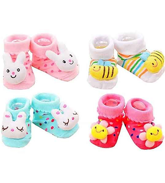 Soft Cotton Fancy Cartoon Face Booties Socks (Random Design/Color) Pack-4