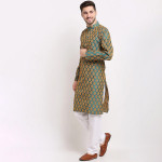 Men Green Woven Design Kurtas