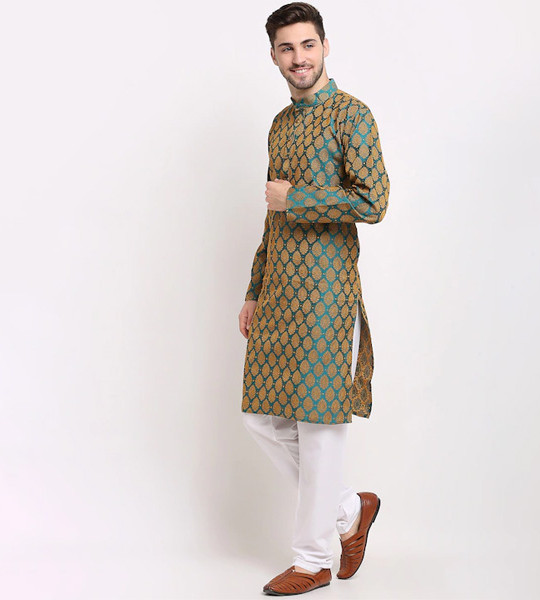 Men Green Woven Design Kurtas