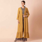 Women Yellow & White Mustard Floral Frilled Maxi Jacket