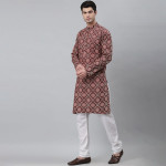 Men Maroon Printed Khadi Kurta