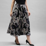 Women Black & Beige Printed Flared Midi Skirt