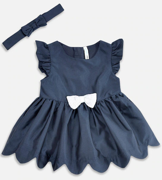 Girls Baby Navy Blue Solid Cotton Dress