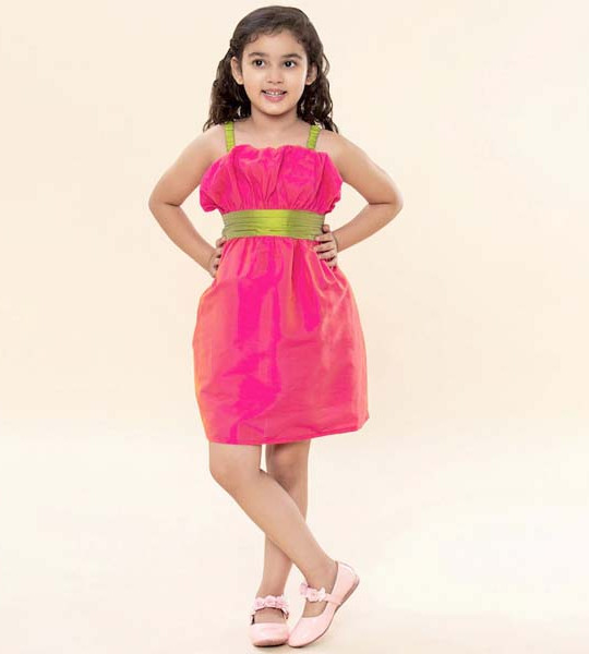 Girls Pink & Green Solid Fit and Flare Dress