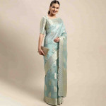 Blue & Gold-Toned Ethnic Motifs Zari Organza Kanjeevaram Saree