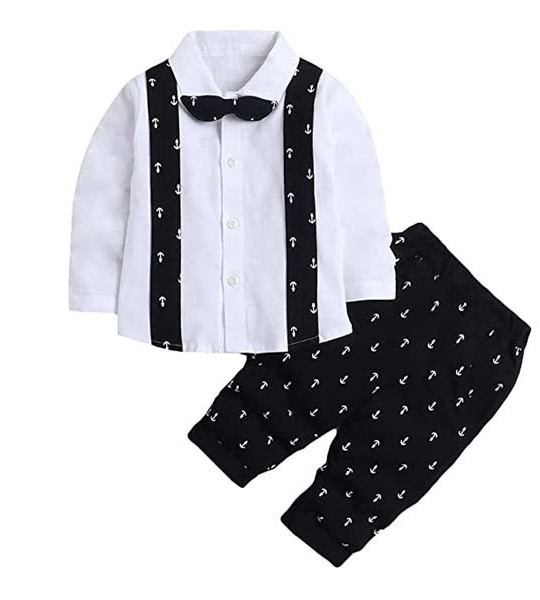 Baby Boys Cotton Full Sleeves Shirt with Bow and Pant Set in Black Color