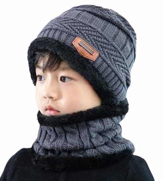 Kids Winter Warm Hat for Outdoor Sports Headging Hat Scarf Set Boys Girls Warm Fleece Cap Scarf Set Ski Equipment Grey Color