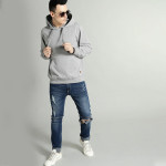 Men Grey Melange Solid Hooded Sweatshirt