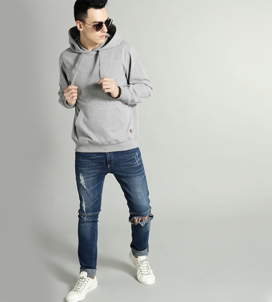 Men Grey Melange Solid Hooded Sweatshirt