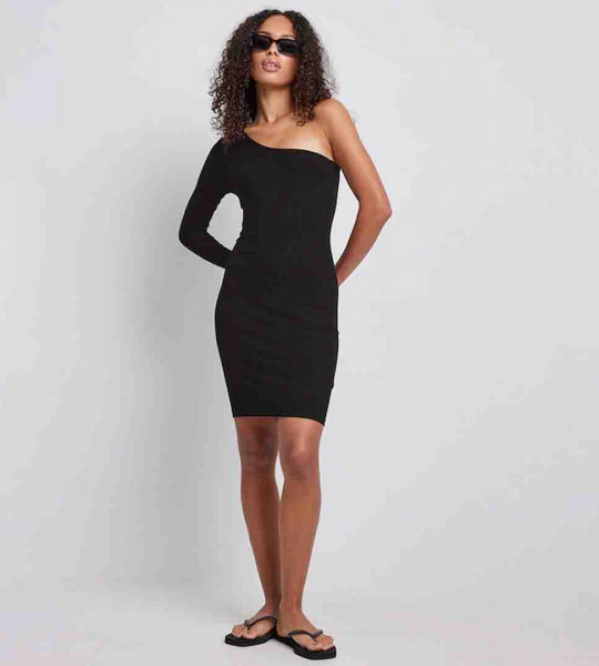 Black Solid One Shoulder Bodycon EcoVero Mini Dress