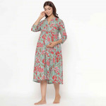 Women Turquoise Blue Floral Printed Maternity & Nursing Cotton A-Line Midi Dress