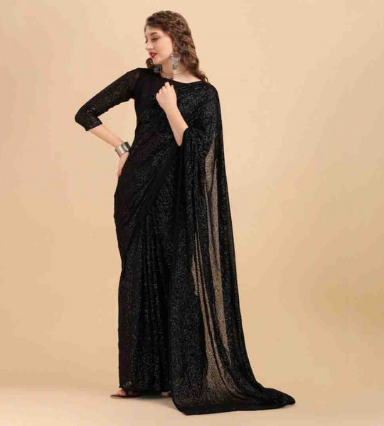 Black Embellished Sequinned Pure Georgette Saree