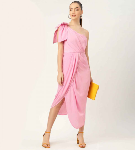 Pink Solid One Shoulder Crepe Maxi Dress