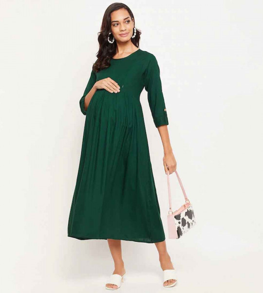 Maternity Women Green Solid Midi Dress